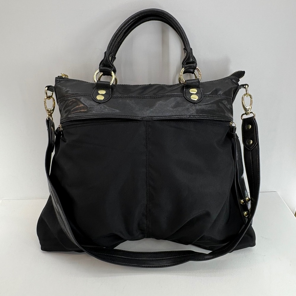 Steven‎ by Steve Madden Black Nylon Satchel Bag Gold Hardware Striped Lining